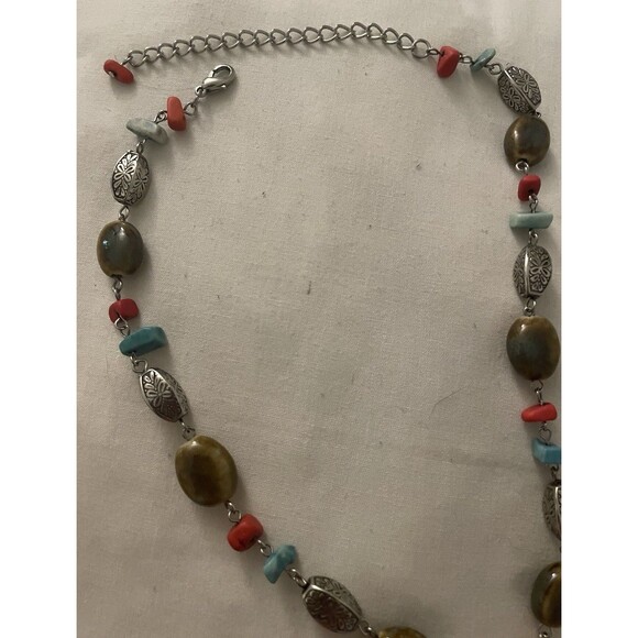 Vintage Beaded Necklace Red And Turquoise Beads Pendant - Picture 3 of 6